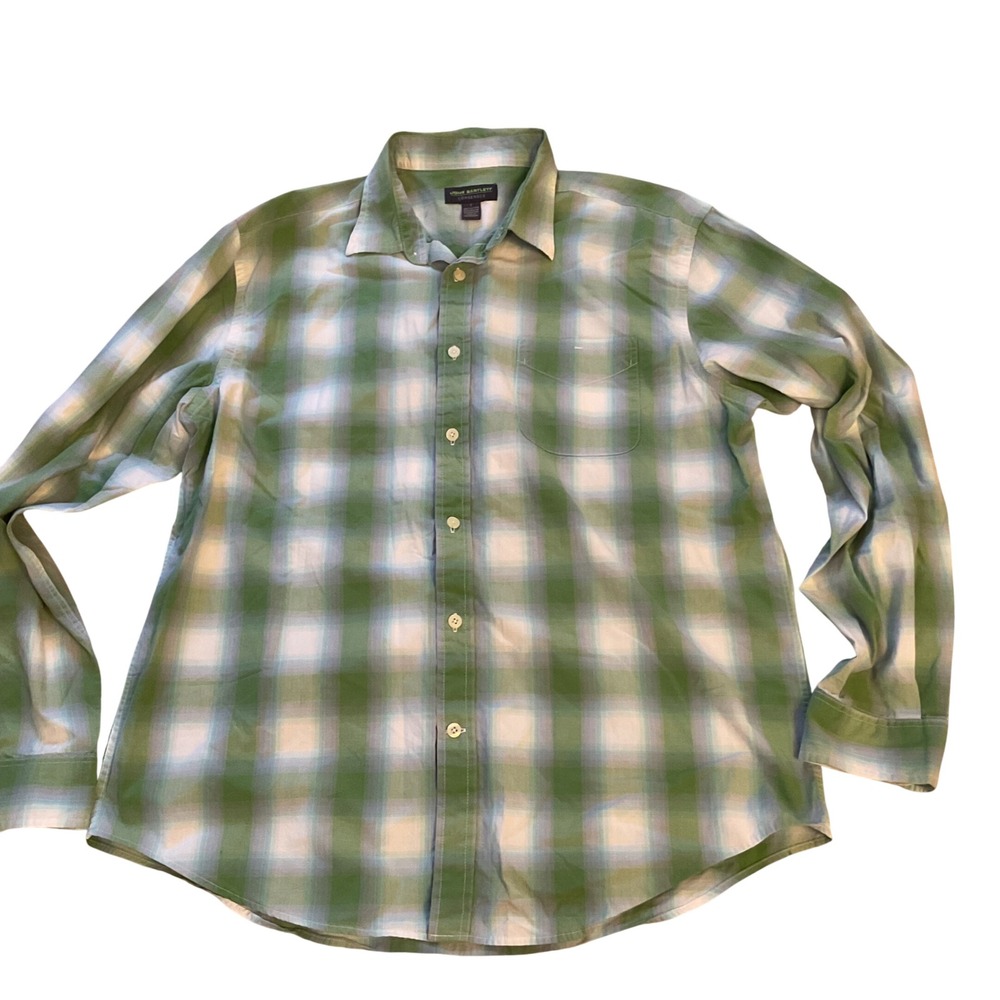 John Bartlett Consensus Mens Large Green Plaid Cotton Button Down‎ Shirt L/S